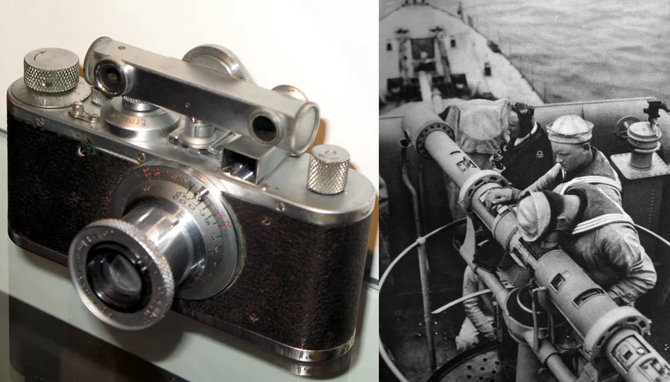 Leica I rangefinder and battleship rangefinder side by side