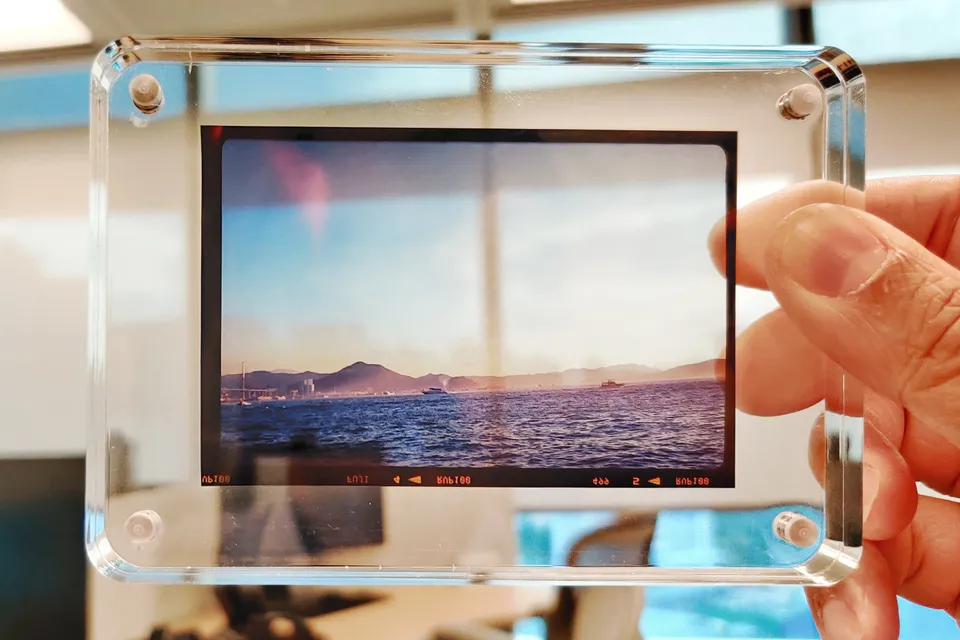 A slide of Velvia 100 RVP in a acrylic frame
