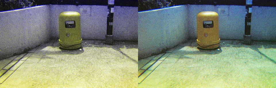 Left: purplish. Right: more balanced color.