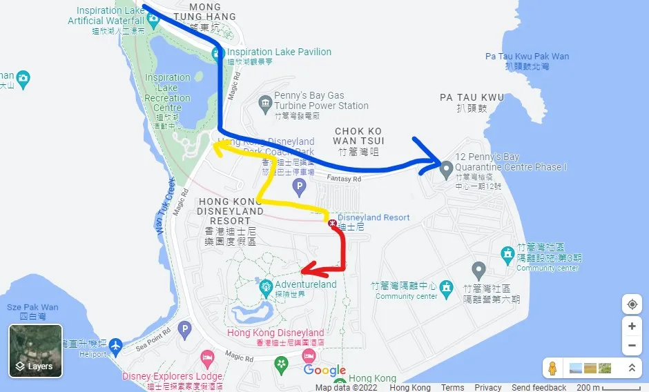 Map of the Disneyland resort with lines pointing to different places