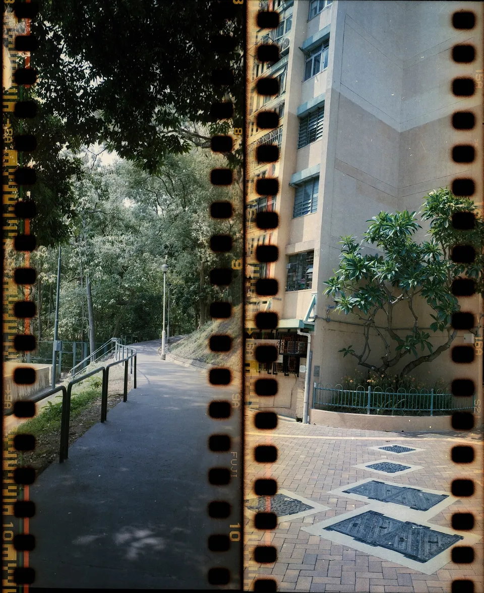 Left: a road. Right: a building.